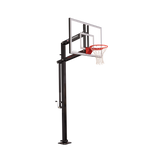 Basketball hoop with clear backboard and red rim on a white background