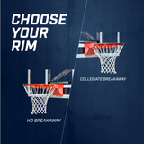 Basketball backboard with two rim options labeled 'HD Breakaway' and 'Collegiate Breakaway' on a navy background.