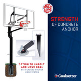 all-american basketball hoop - made in the usa - strength of concrete anchor - option to unbolt and move goal with ground anchor hinge system