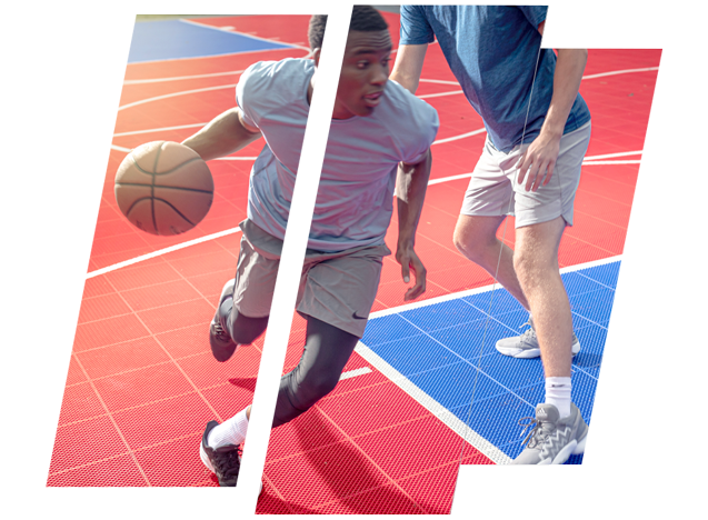 athletes playing on basketball court with basket ball hoop - basketball goals on sale