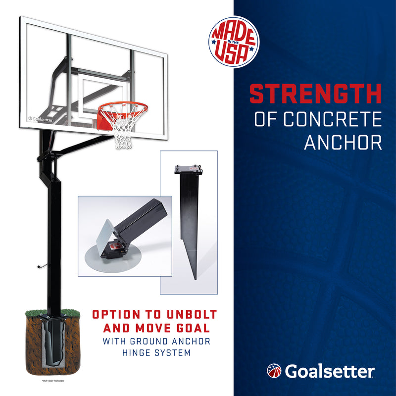 all-american basketball hoop - made in the usa - strength of concrete anchor - option to unbolt and move goal with ground anchor hinge system
