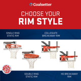 all-american basketball hoop - choose your rim style - single ring static rim, collegiate breakaway rim, double ring static rim, and hd breakaway rim