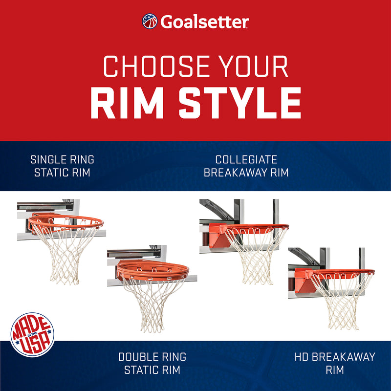 all-american basketball hoop - choose your rim style - single ring static rim, collegiate breakaway rim, double ring static rim, and hd breakaway rim